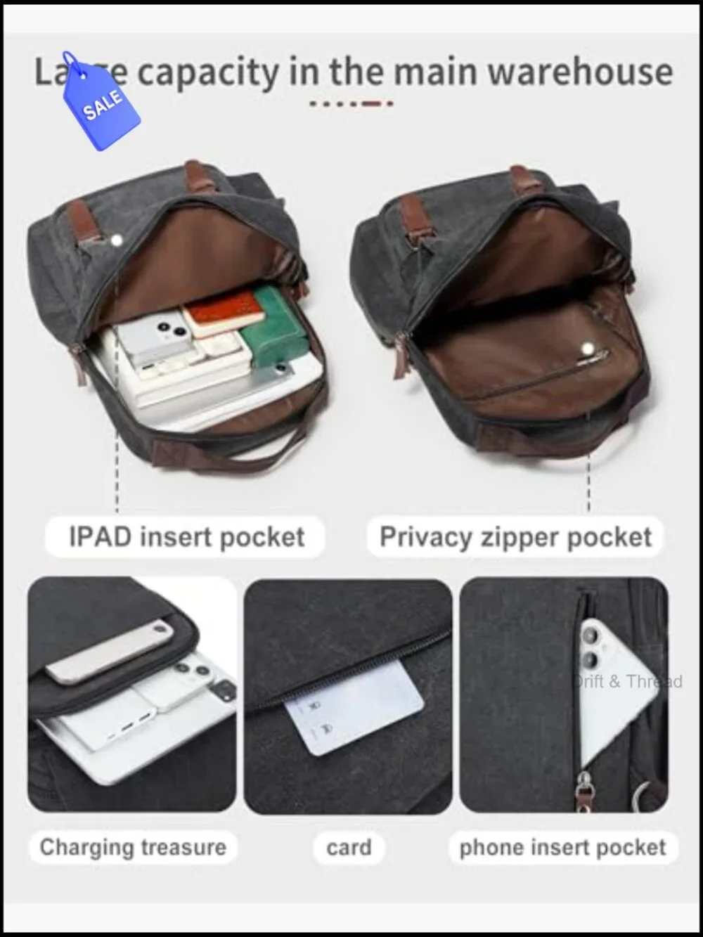 Canvas Sling Crossbody Backpack Messenger Bag 11 Pockets